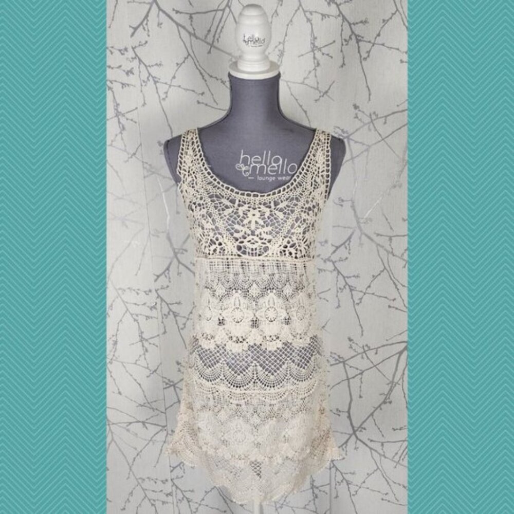 American Eagle Beige Crochet Lace Round Neck Sheer Dress